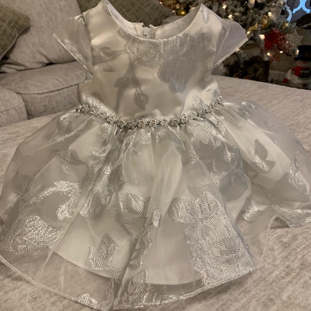 White and Silver Rare Editions Infant Dress